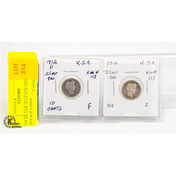 USA SILVER 10 CENTS 1912 + 1910 VINTAGE COINS