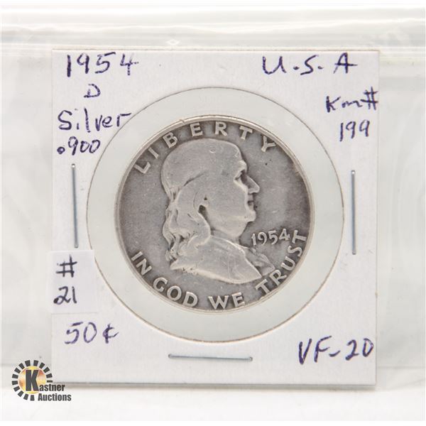 USA SILVER 1954D 50 CENTS VF-20 COIN