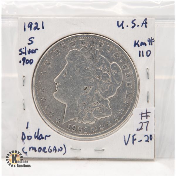 USA SILVER 1921 MORGAN DOLLAR VF-20