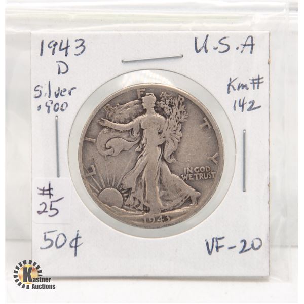 USA SILVER 1943D 50 CENTS VF-20 COIN
