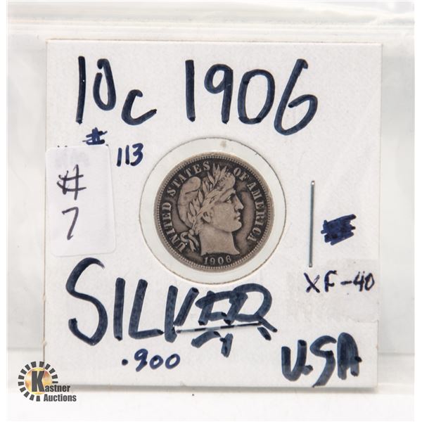 USA SILVER 10 CENTS 1906