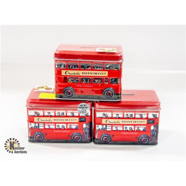 3 LONDON BUS TIN BANKS WITH ENGLISH TOFFEE
