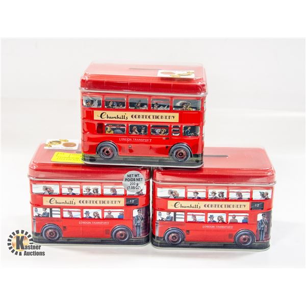 3 LONDON BUS TIN BANKS WITH ENGLISH TOFFEE