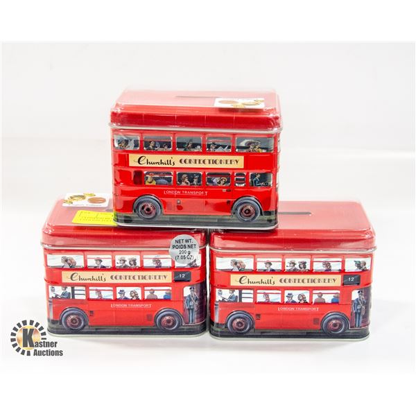 3 LONDON BUS TIN BANKS WITH ENGLISH TOFFEE