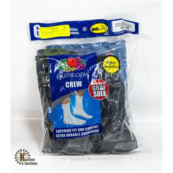 BLACK CREW SOCKS 12-16 SIZE FRUIT OF LOOM