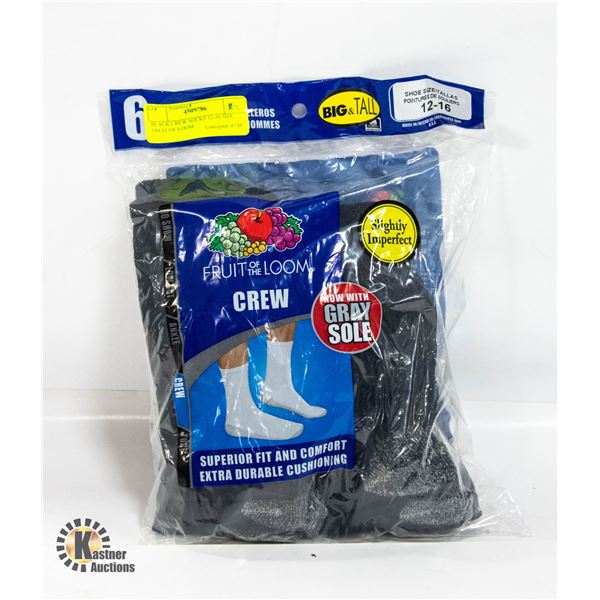 BLACK CREW SOCKS 12-16 SIZE FRUIT OF LOOM