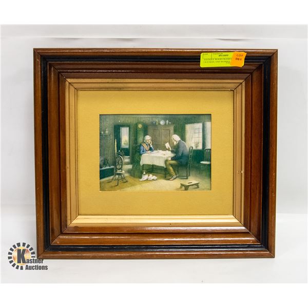 ANTIQUE WOOD FRAMED PICTURE – OLD MAN AND WOMAN