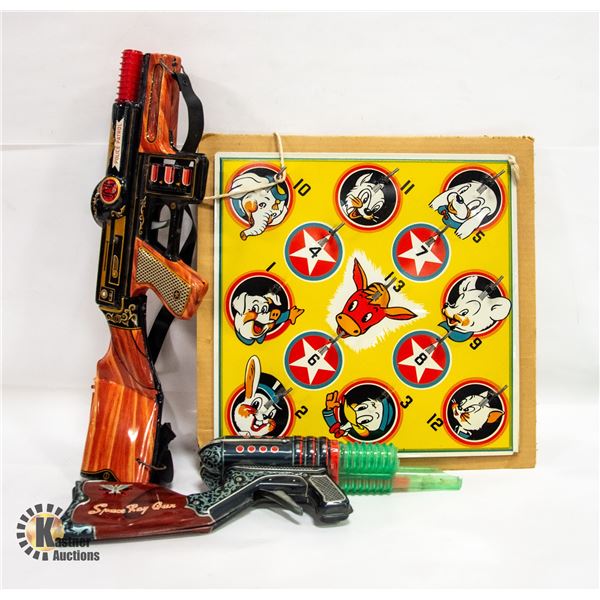 TIN TOY SPACE RAY GUN, POLICE GUN & RING TOSS GAME
