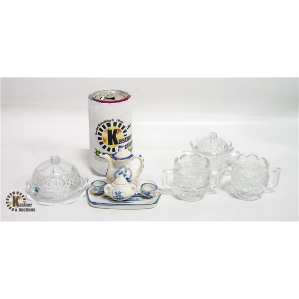 MINIATURE DELFTS TEA SET AND CUT GLASS DOLL SET