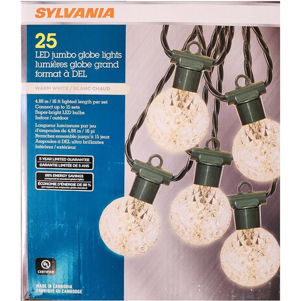 NEW IN BOX SYLVANIA 25 PACK OF JUMBO GLOBE LIGHTS