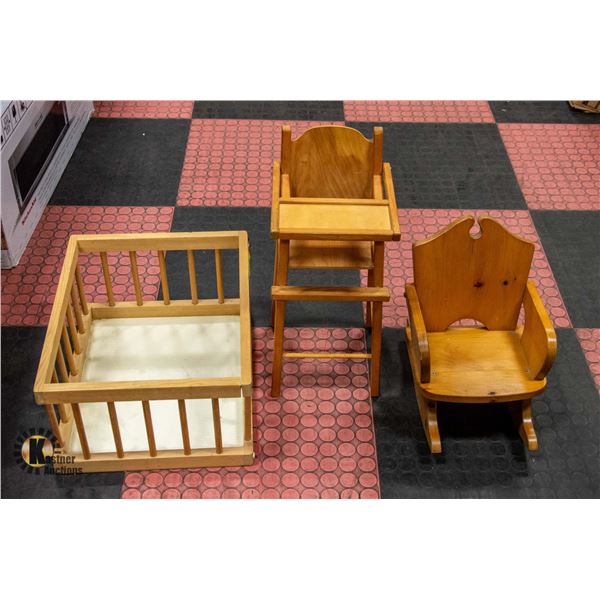 VINTAGE KIDS PLAY CRIB/HIGH CHAIR & ROCKING CHAIR