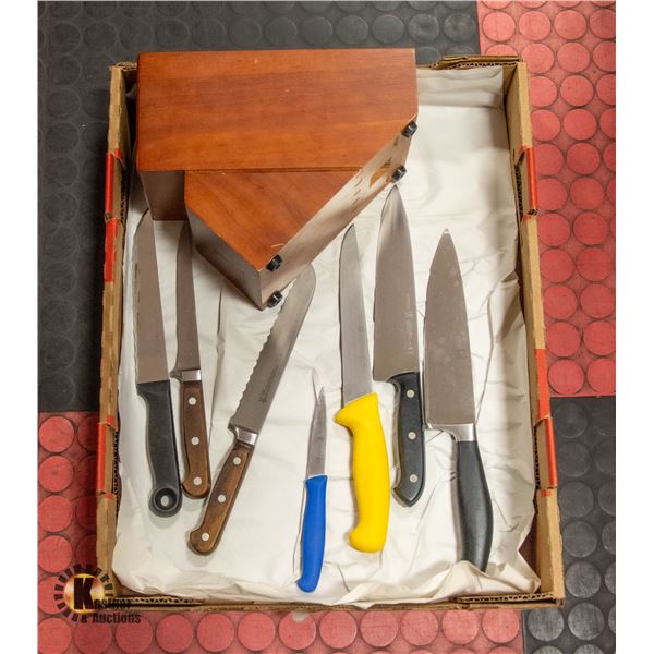 FLAT WITH J.A. HENCKELS WOOD KNIFE BLOCK AND