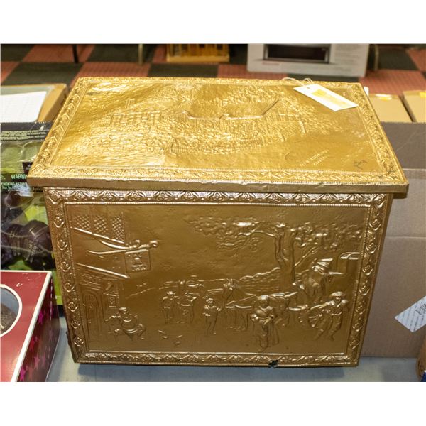 VINTAGE FIREPLACE BRASS COVERED FIRE WOOD LIDDED