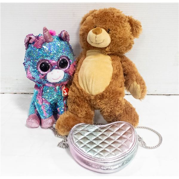 2 STUFFED ANIMALS, CHILDS PURSE