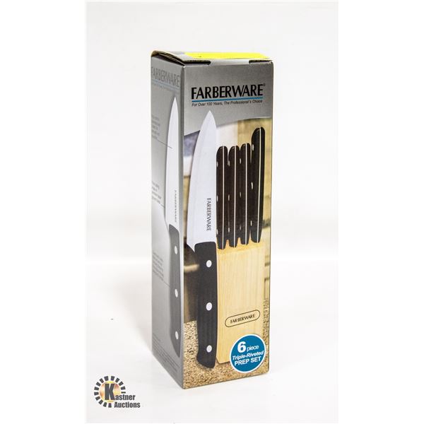 NEW FARBERWARE 6PC TRIPLE RIVETED KNIFE+BLOCK SET
