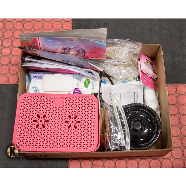 BOX WITH PARTY ITEMS, BIRTHDAY ITEMS, PINK
