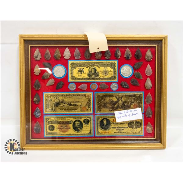 FRAMED DISPLAY 32 ARROWHEADS, SILVER COINS &