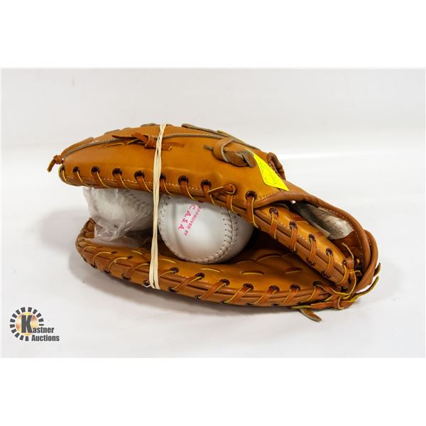 SUPER STAR FIRST BASE SOFTBALL GLOVE W/ TWO BALLS