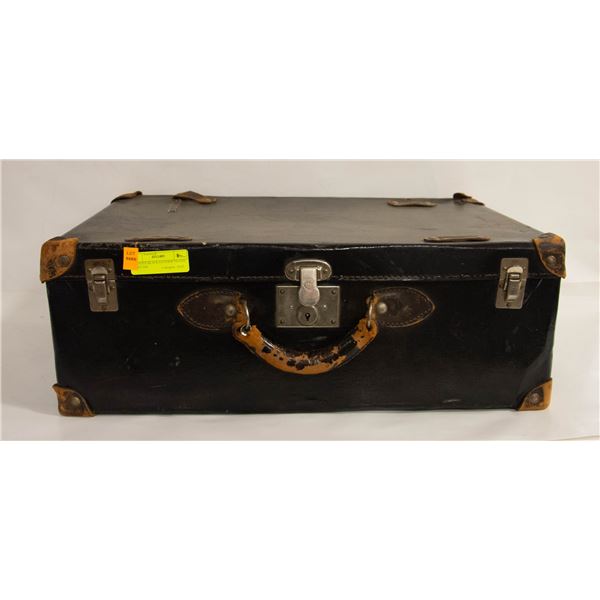 ANTIQUE BLACK LEATHER TRAVEL SUITCASE