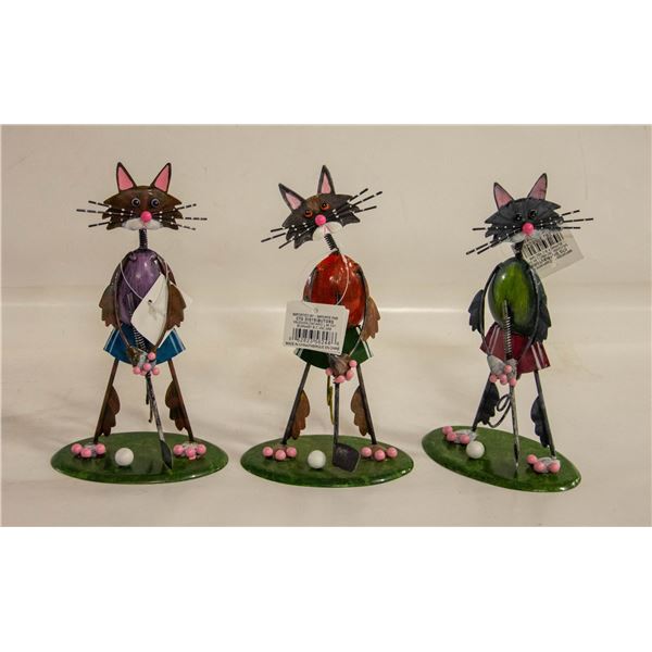 3 CAT FOLK ART STYLE TIN ORNAMENTS GOLFER THEMED