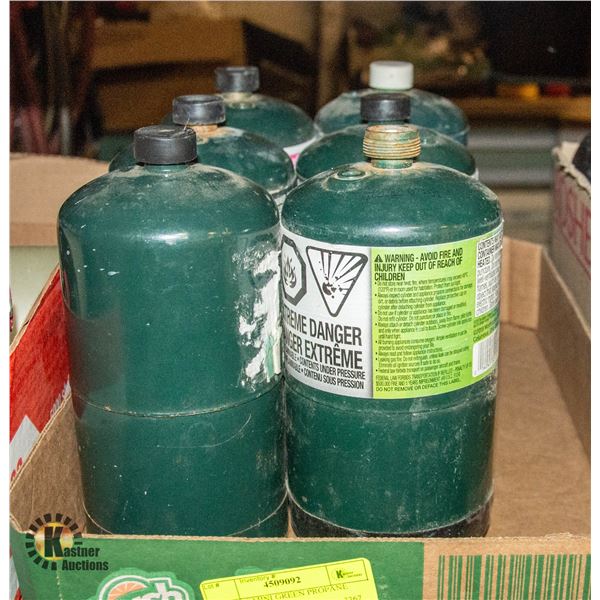 LOT OF 6 MINI GREEN PROPANE TANKS (FULL) *NO SHIP*
