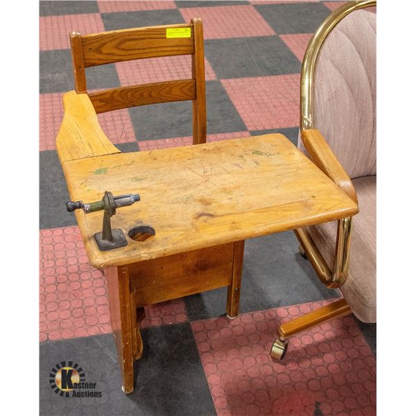 OLD WOODEN CHILD DESK W/DRAWER + PENCIL SHARPENER