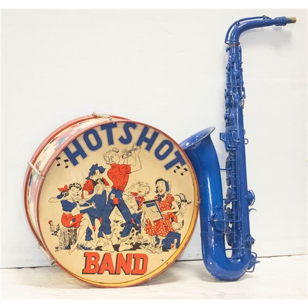 VINTAGE TIN DRUM AND A BLUE SAXOPHONE
