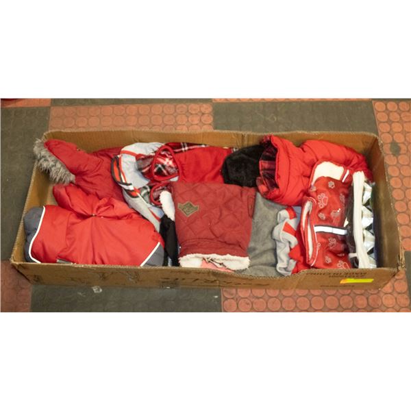 LARGE TOTE OF DOG CLOTHING WITH NEW HARD BOTTOM