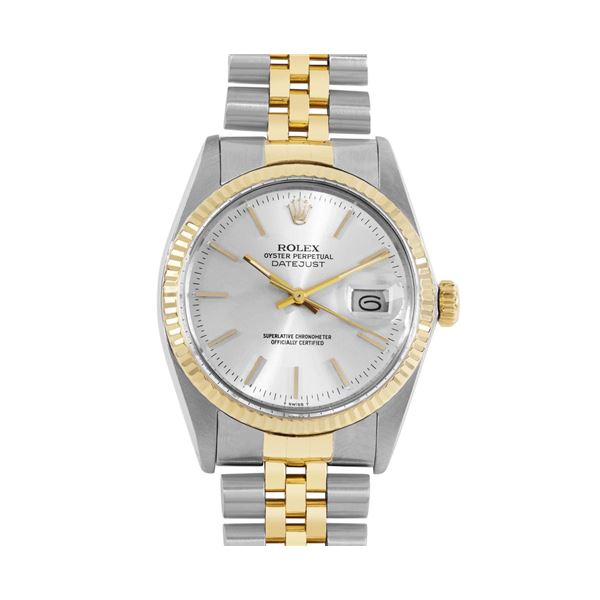 Rolex Mens Two Tone Silver Index Fluted Bezel Jubilee Band Datejust Wristwatch