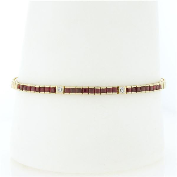 Vintage 14k Gold 2.03 ctw Red Ruby & Diamond 7" Polished Square Link Line Bracel