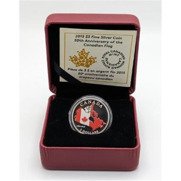 3 DOLLARS 2015 50th ANNIVERSARY CANADIAN FLAG FINE SILVER .999