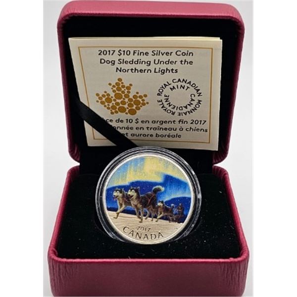 10 DOLLARS 2017 RANDONNEE EN TRAÎNEAU À CHIENS ET AURORE BOREALE FINE SILVER .999