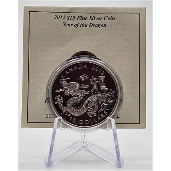 15 DOLLARS 2012 ANNEE DU DRAGON FINE SILVER .999