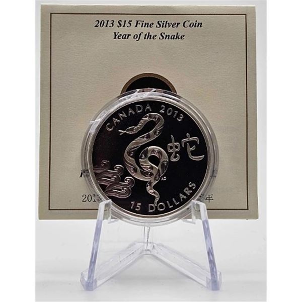 15 DOLLARS 2013 ANNEE DU SERPENT FINE SILVER .999 CRACKED CAPSULE