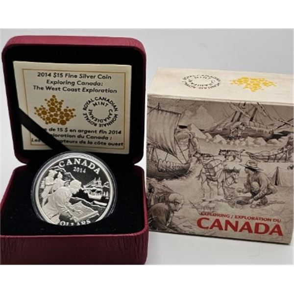 15 DOLLARS 2014 EXPLORATION DE LA COTE OUEST FINE SILVER .999 CRACKED CAPSULE