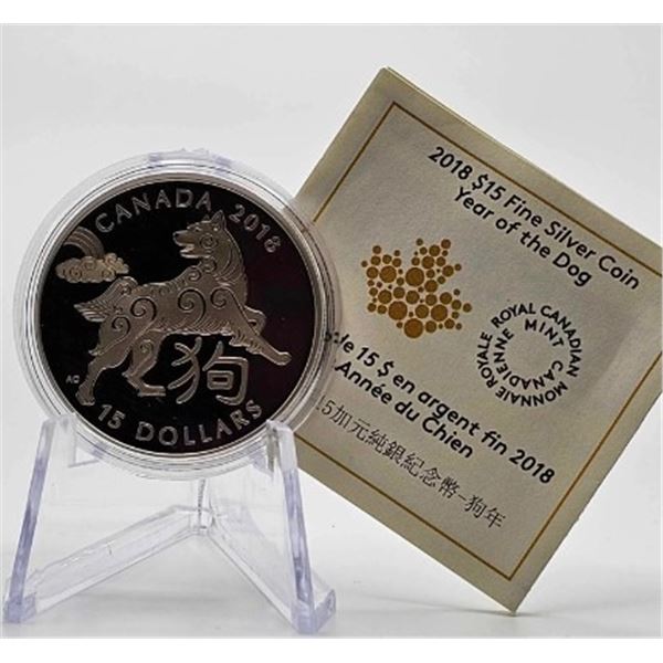 15 DOLLARS 2018 ANNEE DU CHIEN FINE SILVER .999
