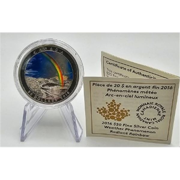 20 DOLLARS 2016 ARC-EN-CIEL LUMINEUX CRACKED CAPSULE FINE SILVER .999