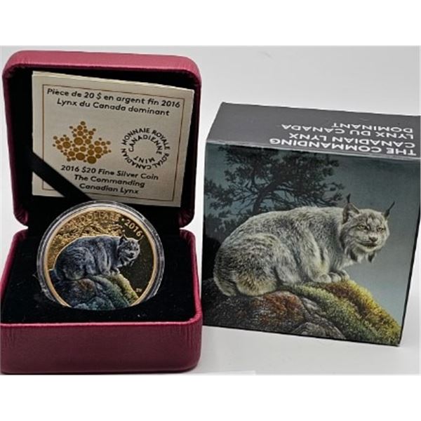 20 DOLLARS 2016 LE LYNX DOMINANT DU CANADA CRACKED CAPSULE FINE SILVER .999