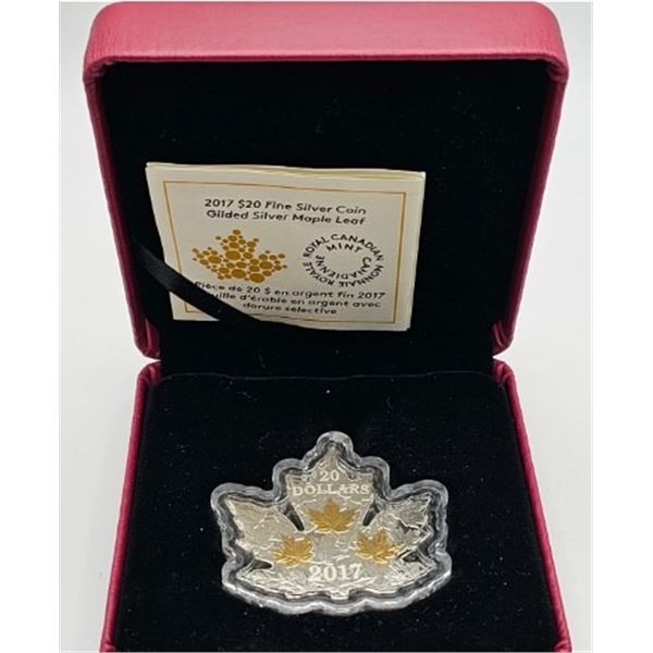 20 DOLLARS 2017 FEUILLE D'ERABLE AVEC DORURE SELECTIVE FINE SILVER .999