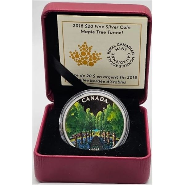 20 DOLLARS 2018 ALLEE BORDEE D ERABLES FINE SILVER .999 CRACKED CAPSULE