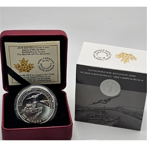 20 DOLLARS 2018 BATAILLE DE L'ATLANTIQUE FINE SILVER .999 CRACKED CAPSULE