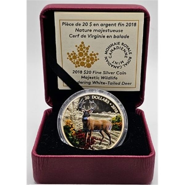 20 DOLLARS 2018 CERF DE VIRGINIE EN BALADE FINE SILVER .999 CRACKED CAPSULE