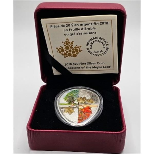 20 DOLLARS 2018 LA FEUILLE D'ERABLE AU GRE DES SAISONS FINE SILVER .999 CRACKED CAPSULE
