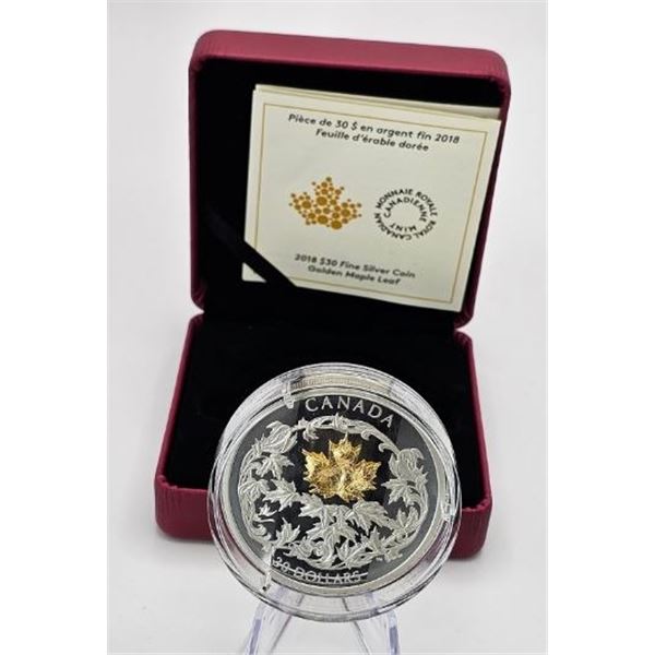 30 DOLLARS 2018 FEUILLE D'ÉRABLE DORÉE 2OZ FINE SILVER .999 + 1GR OR 18K MINT
