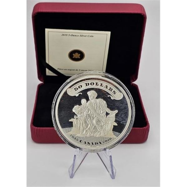 50 DOLLARS 2010 75TH DES PREMIERS BILLETS DE BANQUES 5 OZ FINE SILVER .999