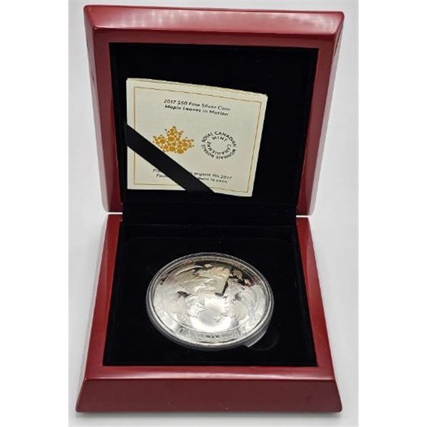 50 DOLLARS 2017 FEUILLES D'ÉRABLE DANS LE VENT 5 OZ FINE SILVER .999