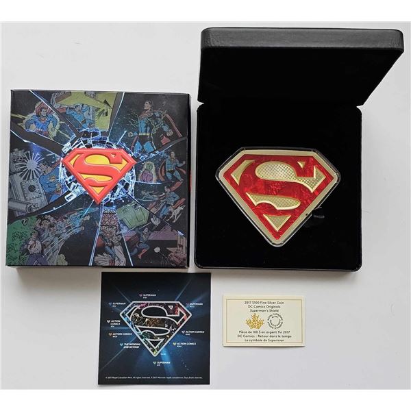 100 DOLLARS 2017 DC COMICS ORIGINALS SUPERMAN'S SHIELD 10 OZ FINE SILVER .999