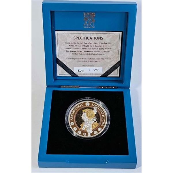 5 DOLLARS 2016 SAMOA ART NOUVEAU ALPHONSE MUCHA 2 OZ FINE SILVER .999
