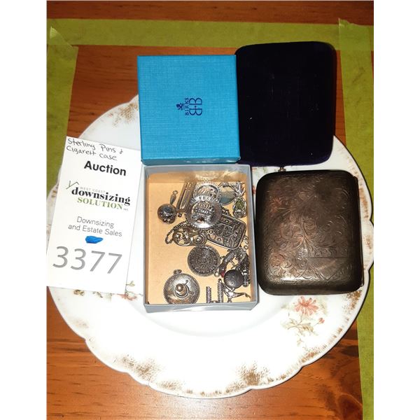 Sterling pins, cigarette case A