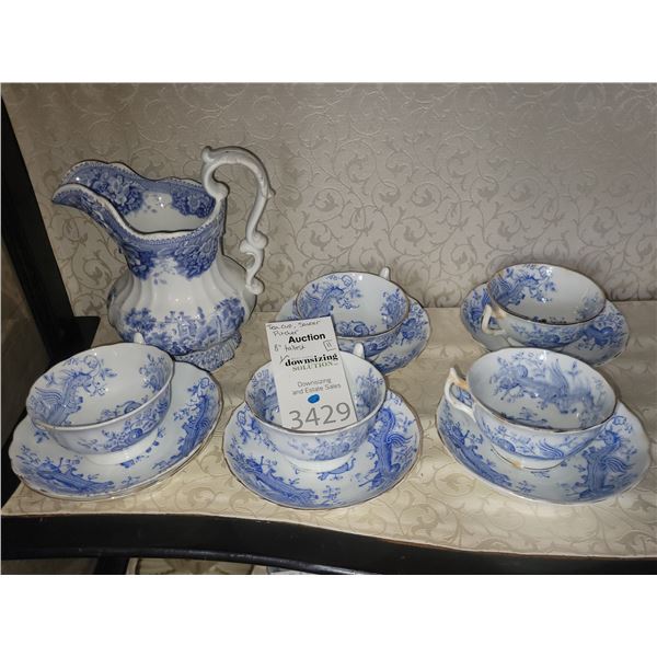 Blue and White Teacups, Saucers and Pitcher A